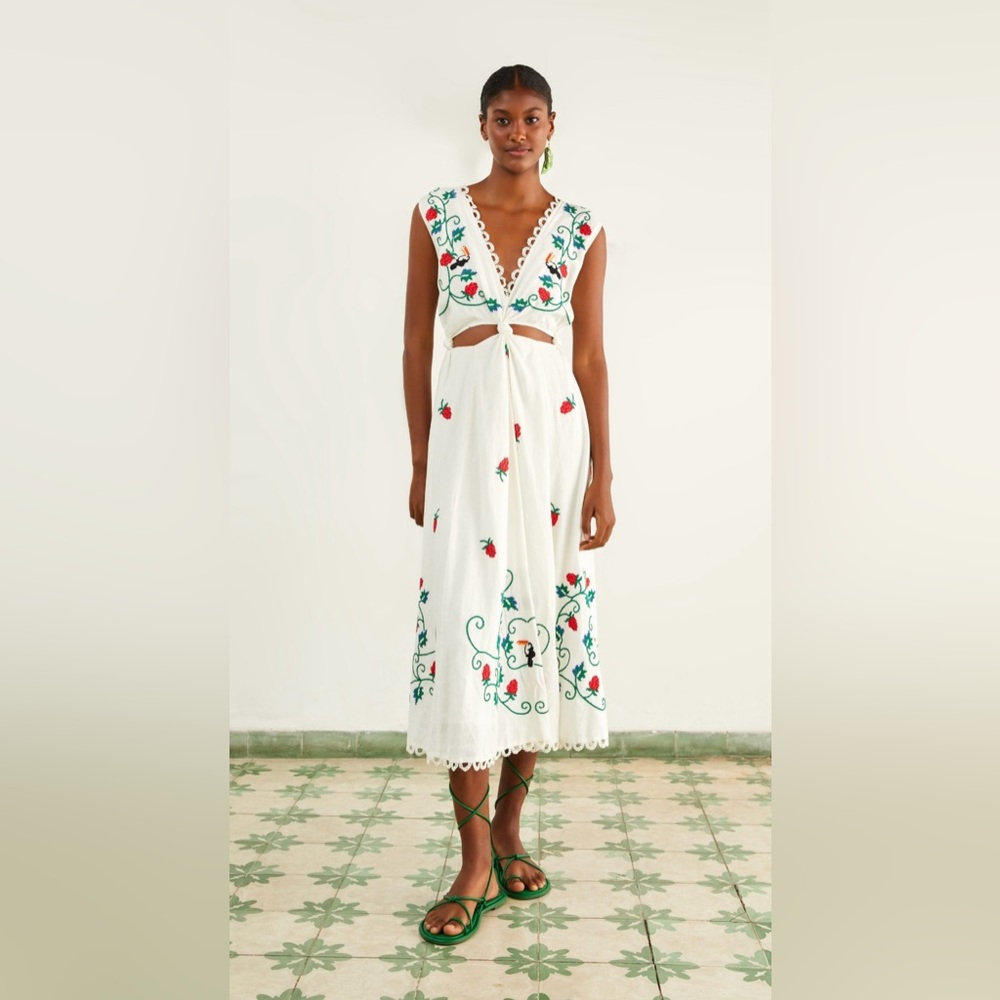 Farm Rio Cross Stitch Toucan embroidered sleeveless midi dress, size large